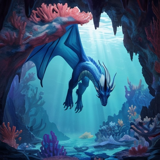Prompt: Dragon is in an underwater cave.
