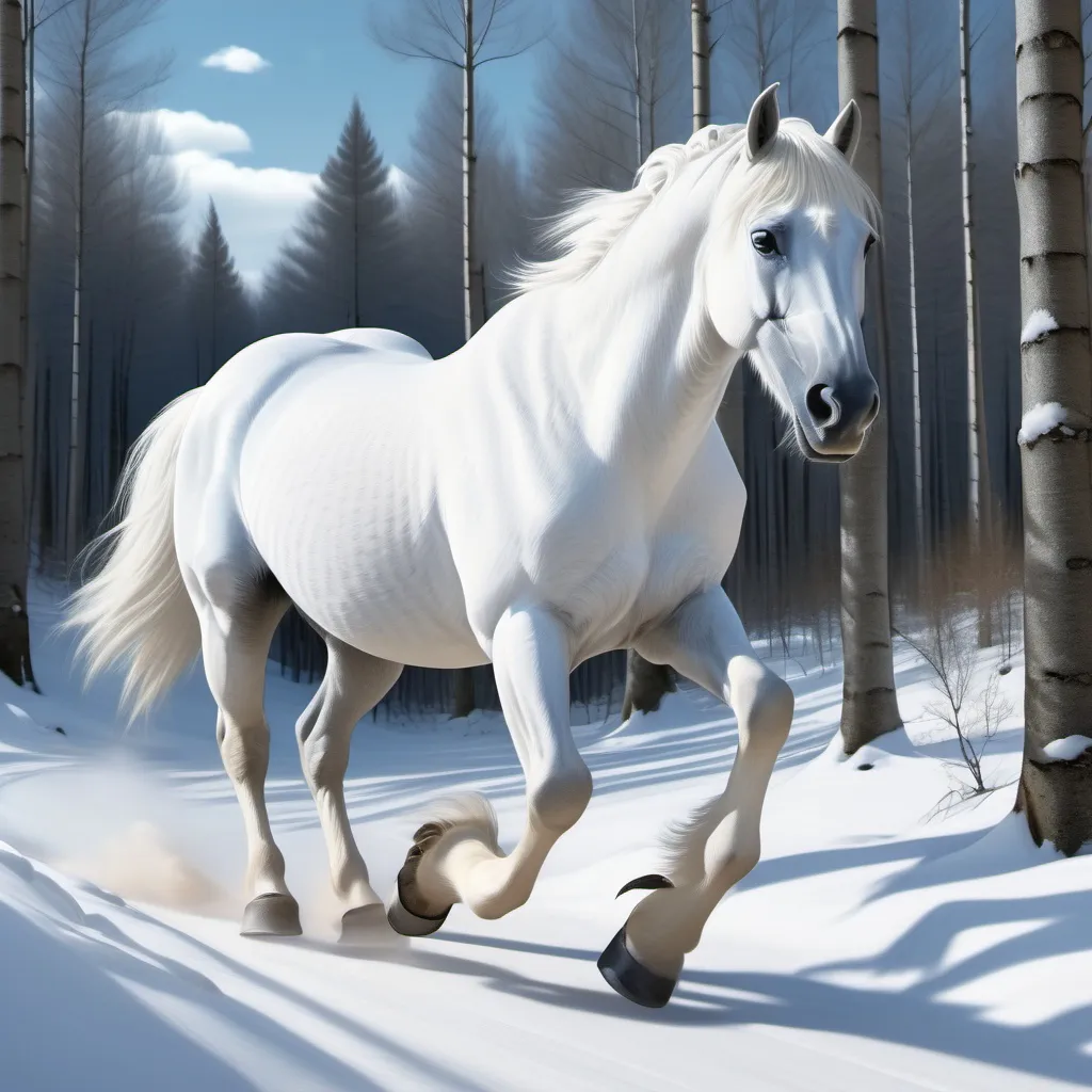 Prompt: a white horse walking through a snowy forest area with trees in the background and a blue sky in the background, Brian Snøddy, furry art, magnificent, computer graphics