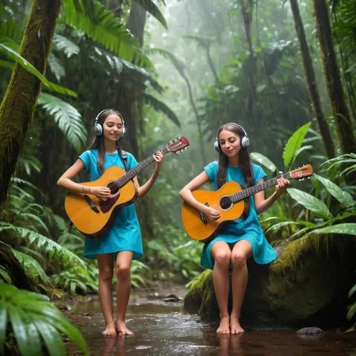 Prompt: girls with instrumental music in rain forest 