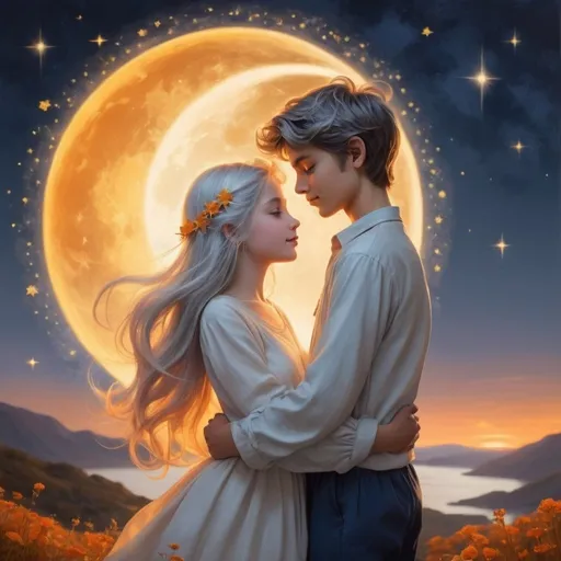 Prompt: whimsical, enchanting scene where the sun and the moon are personified as a boy and a girl, respectively. The boy, representing the sun, has a radiant, golden aura around him. His hair is a bright, fiery orange, resembling sunrays, and his eyes are warm and sparkling like the morning sunlight. He is dressed in clothes that reflect his bright and lively nature, perhaps in shades of yellow and gold.

The girl, representing the moon, has a serene, silver glow. Her hair is long and silvery, cascading like moonbeams, and her eyes are soft and calming, like the night sky. She is wearing a dress that shimmers with stars, in hues of silver and midnight blue.

They are standing in a celestial landscape where day meets night, with a gradient sky blending from the deep blue of twilight to the bright orange of dawn. The boy is gently embracing the girl, their faces close, showing a tender and loving expression. Their embrace is a symbol of unity and balance, capturing the moment when day and night come together.

The background can include subtle elements like stars, clouds, and perhaps a hint of the horizon, blending the ethereal with the terrestrial to create a magical atmosphere.