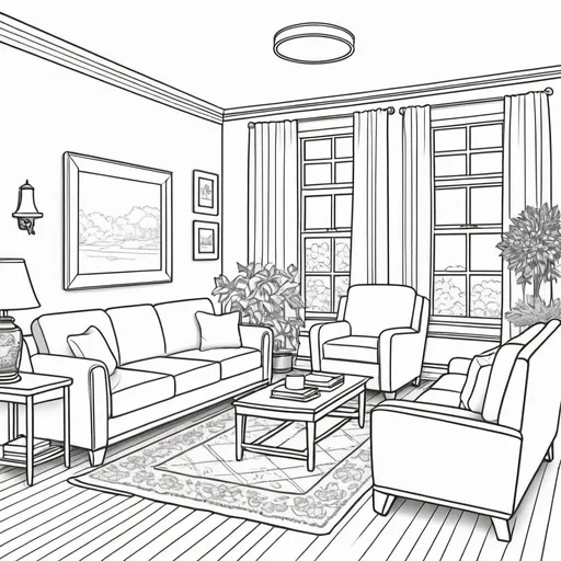 Prompt: outlined living room, for coloring book
