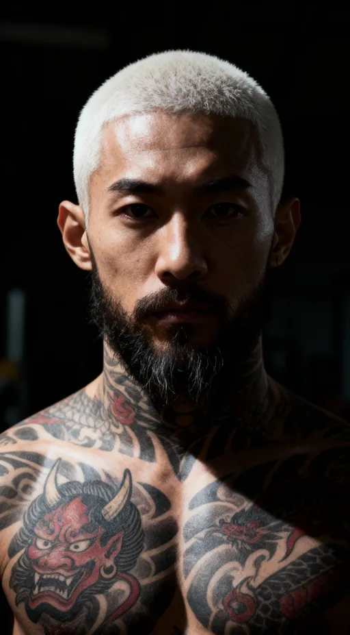 Prompt: Create a cinematic bust-level portrait of the exceptionally handsome Japanese athlete, framed perfectly for a profile picture. He is looking directly into the lens with an intense, calm, and confident expression. He has a stark white buzzcut and a meticulously groomed short beard with sharp, defined lines. The lighting is dramatic 'Rembrandt' style, with a single key light from the side creating a triangle of light on his cheek, while the other side of his face is in deep, sculpted shadow. The top of his intricate red and black Japanese-style tattoos are visible, creeping up his neck and collarbones. The background is a dark, completely out-of-focus industrial gym. The image has a cinematic, desaturated color grade with deep, neutral shadows, making his features and tattoos pop.