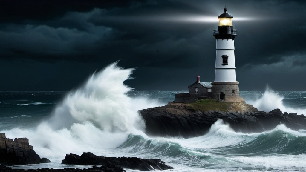 Prompt: blackest night along a storm laden ocean coast line where an old solitary light house stands against the crashing waves with its single beam of light piercing into the stormy night illuminating the ocean waves as they crash into jagged rocks