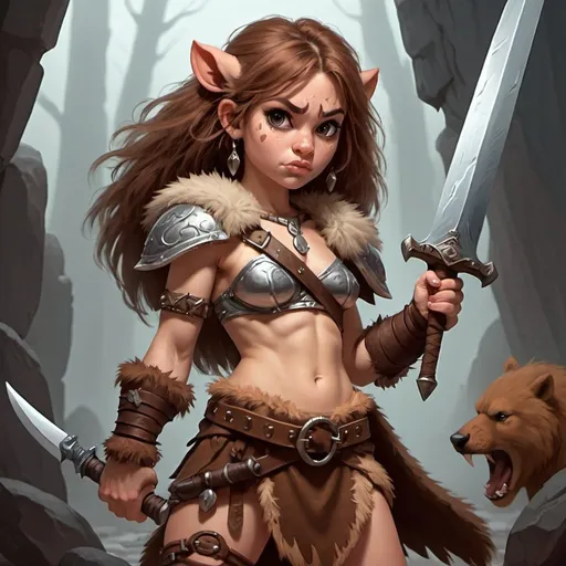 Prompt: Cute young Female barbarian wearing animal hides and holding a large sword