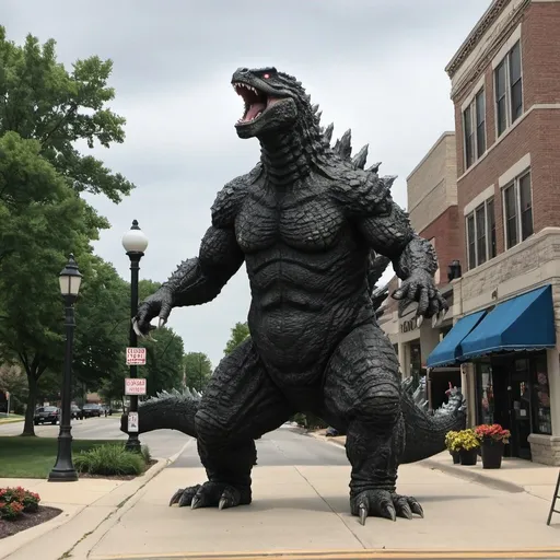 Prompt: Godzilla attacking downtown Naperville, Illinois