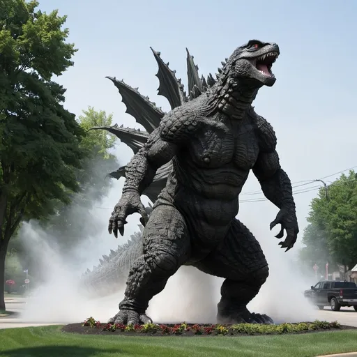 Prompt: Godzilla attacking Naperville, Illinois