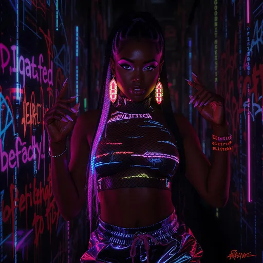 Prompt: A beautiful Black cyberpunk woman with glowing brown skin, long fiber optic braids, sassy facial expression, wearing a glitchy mesh crop top and metallic joggers, surrounded by neon graffiti and digital code. Hood goddess meets futuristic AI. She wears bamboo earrings that say 'GLITCH,' and her nails type code in midair. Afro-cyber glam style, dark glitchcore tones with vibrant neon accents. Moody lighting, editorial style portrait.
