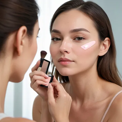 Prompt: A woman applies a compact, handheld beauty product to her cheek, likely blush or highlighter. The branding is visible, and her skin looks smooth and well-moisturized. The scene emphasizes the product’s convenience and efficacy, with a clean, modern aesthetic highlighting simplicity, effectiveness, practicality, and quality.