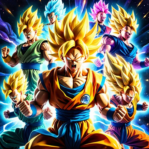 Prompt: Dynamic scene showcasing all countries as Super Saiyan warriors, vibrant energy auras radiating fiercely. Each figure exhibits unique national colors and symbols in their attire, their hair luminescent and flowing in powerful winds. Background filled with a cosmic battlefield, sparkles of energy floating, creating an atmosphere of unity and strength among diverse cultures. High definition, ultra-detailed, electric lighting enhances the intensity of this epic display.