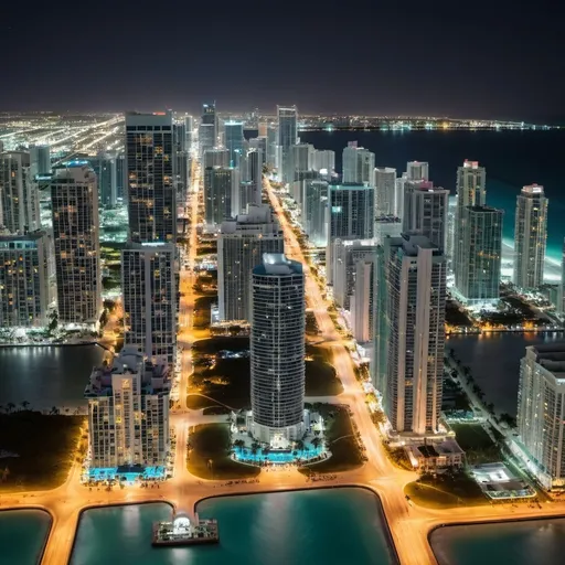 Prompt: create a night time skyline of south beach Miami focused on building detail and building lights without clouds
