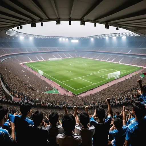 Prompt: A packed football stadium during a crucial match, fans cheering loudly.