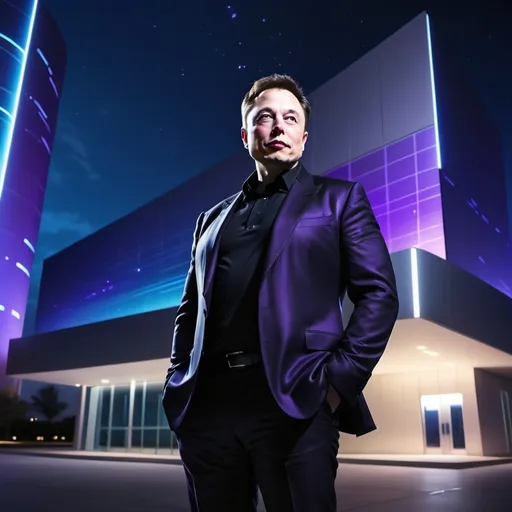 Prompt: elon mask standing Infront of tech building in night . dramatic color
 