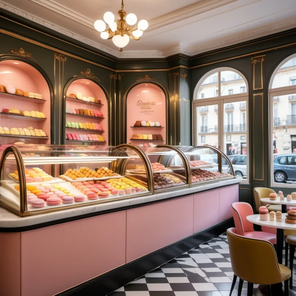 Prompt: O interior de uma pastelaria europeia sofisticada, com vitrines cheias de doces requintados como �clairs de chocolate, tartes de frutas, macarons coloridos e croissants dourados. O ambiente tem um estilo parisiense, com detalhes vintage, luz suave, e clientes apreciando caf� e sobremesas