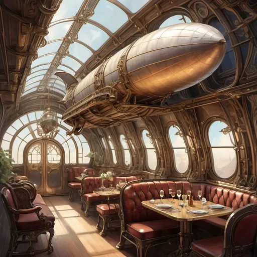 Prompt: airship interior with seats and a dinner table, french baroque, napoleonic, dieselpunk science fiction, steampunk, sharp, concept art watercolor illustration by mandy jurgens and alphonse mucha, dynamic lighting