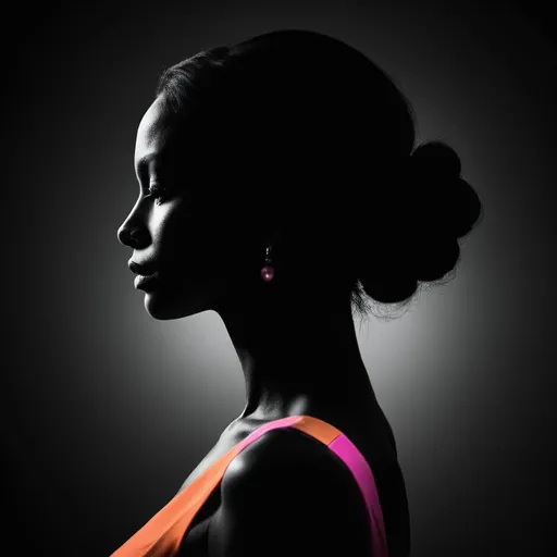 Prompt: High-contrast silhouette of a strong, elegant women, black, white, pink, orange, teal, lavender minimalistic, artistic, detailed figure, graceful pose, striking profile, professional photography, high quality, high-res, shadow play, monochrome, dramatic lighting