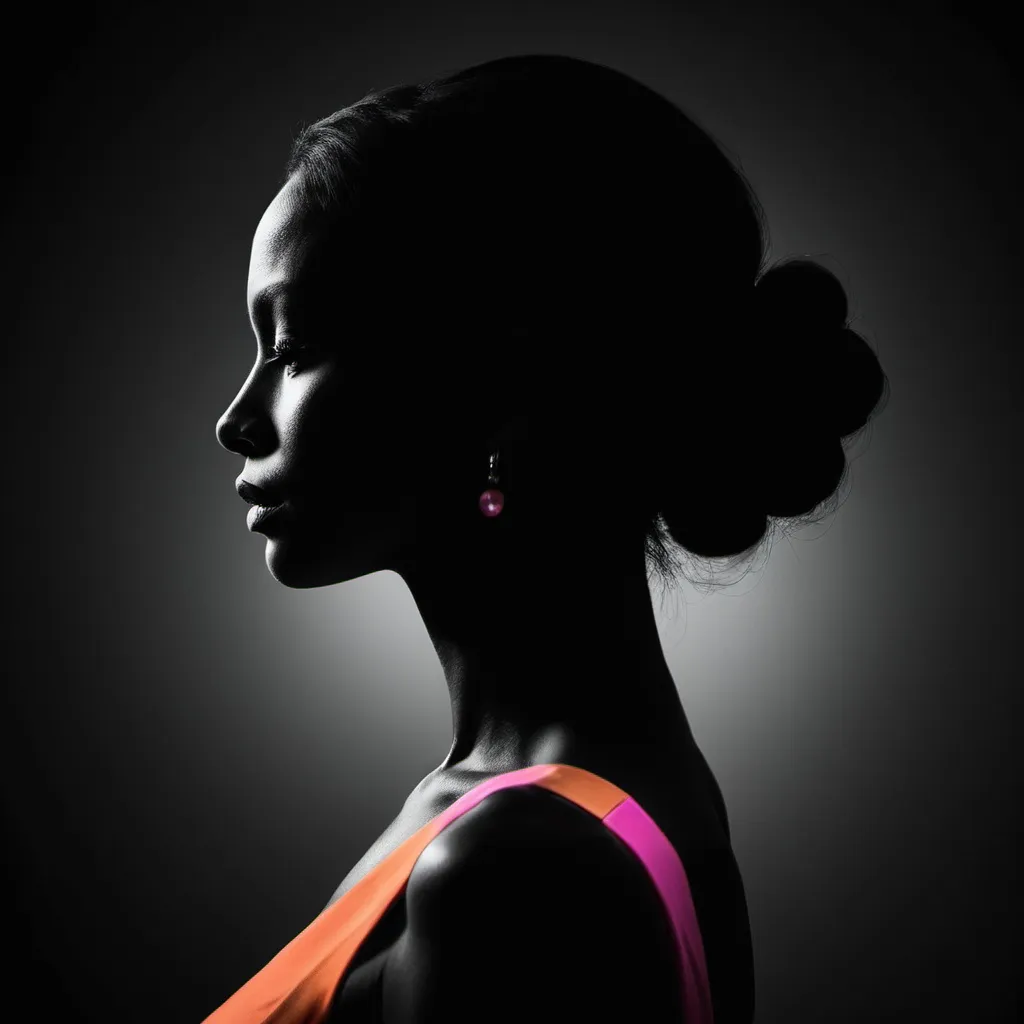 Prompt: High-contrast silhouette of a strong, elegant women, black, white, pink, orange, teal, lavender minimalistic, artistic, detailed figure, graceful pose, striking profile, professional photography, high quality, high-res, shadow play, monochrome, dramatic lighting