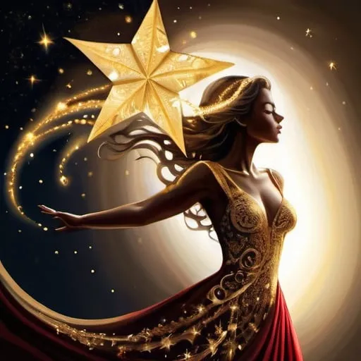 Prompt: gold silhouette of a lady, holding up a star with both hands, high quality, digital painting, intricate details, elegant and regal style, radiant gold tones, celestial lighting, majestic and powerful, luxurious art, golden gown with intricate embroidery, glowing star, dynamic movement, shimmering gold particles, surreal and enchanting atmosphere gold and red spirals