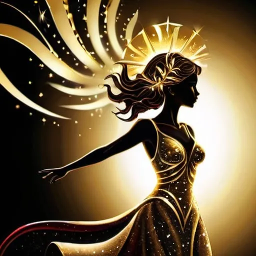 Prompt: gold silhouette of a Victory lady, with glowing star Trophy above her head, standing on a pedestal like a trophy, high quality, digital painting, intricate details, elegant and regal style, radiant gold tones, celestial lighting, majestic and powerful, luxurious art, golden gown with intricate embroidery, dynamic movement, shimmering gold particles, surreal and enchanting atmosphere black, gold and red spirals in the background
