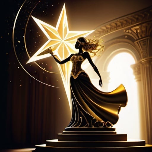 Prompt: gold silhouette of a Victory lady, with glowing star Trophy above her head, standing on a pedestal like a trophy, high quality, digital painting, intricate details, elegant and regal style, radiant gold tones, celestial lighting, majestic and powerful, luxurious art, golden gown with intricate embroidery, dynamic movement, shimmering gold particles, surreal and enchanting atmosphere black, gold and red spirals in the background
