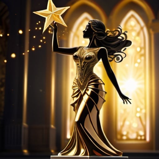 Prompt: gold silhouette of a Victory lady, with glowing star Trophy above her head with both hands, standing on a pedestal like a trophy, high quality, digital painting, intricate details, elegant and regal style, radiant gold tones, celestial lighting, majestic and powerful, luxurious art, golden gown with intricate embroidery, dynamic movement, shimmering gold particles, surreal and enchanting atmosphere black, gold and red spirals in the background
