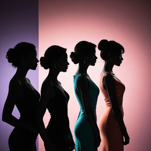 Prompt: High-contrast silhouette of several elegant women, minimalistic, detailed figure, graceful pose, striking profile, professional photography, high quality, high-res, shadow play, monochrome, dramatic lighting, black, white, pink, orange, teal, lavender, artistic, professional