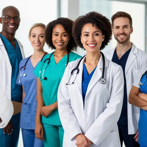 Prompt: Experienced healthcare professional from diverse ethnic groups like non Hispanic black, white and origin team looking confident and happy. should be in landscape format and fit website
