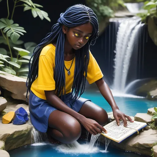 Prompt: A girl with dark skin, green eyes and long, wavy, black plaited hair is washing a shard of lapis lazuli in a pool next to a waterfall. Her clothes are baggy and colourful, and she is wearing a necklace of a stone with a hole in it. she has a yellow satchel next to her, with a notebook poking out of the corner. a sheet of brown paper, with five silver fish is lying next to her. The sky is vivid blue, and there are no clouds. It s warm and sunny.