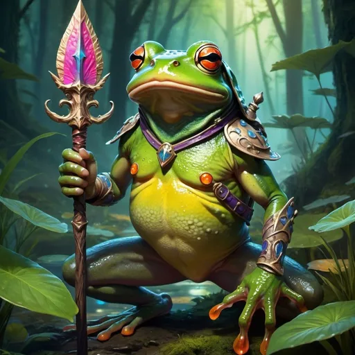 Prompt: Fantasy-style frog warrior armed with a spear, magical forest setting, detailed amphibian features, vibrant and mystical color palette, high quality, fantasy, warrior, magical forest, detailed amphibian, vibrant colors, mystical lighting