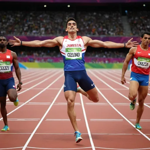 Prompt: Atleta cruzando la meta vencedor en unos juegos olimpicos