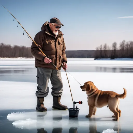 Prompt: grampa fishing on ice with a dog and his sons kid 