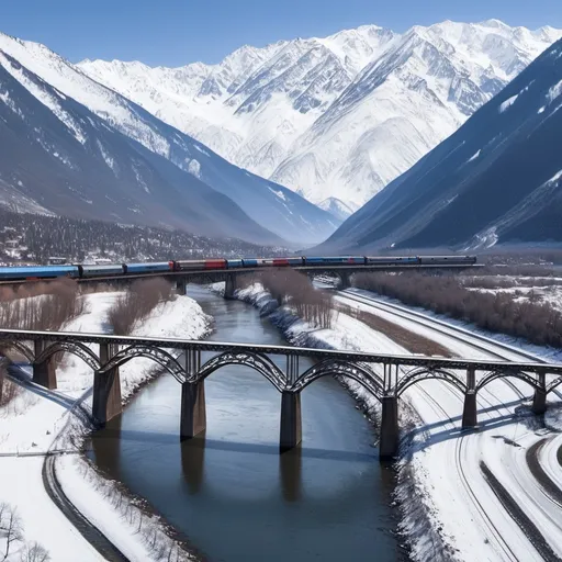 Prompt: train going over a bridge with snow covered mountains river below 