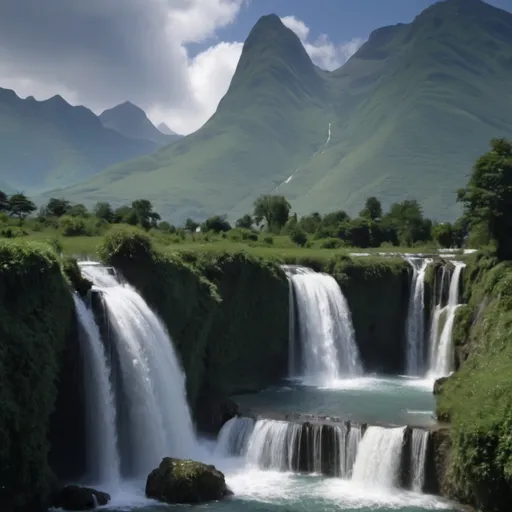 Prompt: Waterfalls with mountains tain in the background 