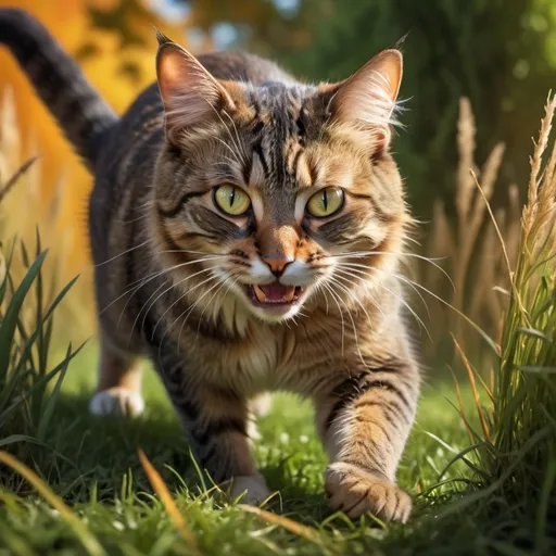 Prompt: a cat (focused action), hunting posture, detailed fur texture, aggressive expression, a mouse (small, frightened), in the cat's mouth, vivid colors, warm lighting, dramatic shadows, intense atmosphere, realistic detailing, wildlife setting, grass and foliage background, HD, captivating composition