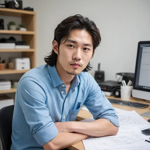 Prompt: 28 years old korean man (no beards, wearing blue shirts, long hair)who just started his own design start-up studio sitting in his studio
