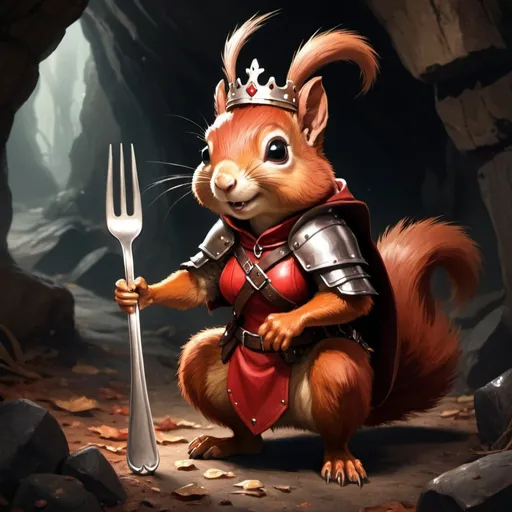 Prompt: red squirrel character holding an fork as a weapon in a dark cave, wearing a crown, leather armor, long leather cape,  dead rats at her feet, fantasy character art, illustration, dnd, warm tone