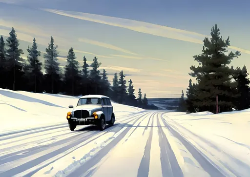 Prompt: A Volvo driving  on a desolate snowy road in Sweden as if painted by Edward Hopper
