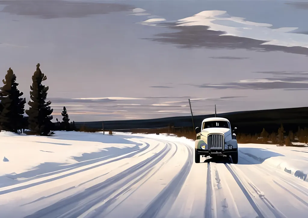 Prompt: A Volvo driving  on a desolate snowy road in Sweden as if painted by Edward Hopper
