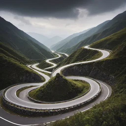 Prompt: winding and twisting road through mountains