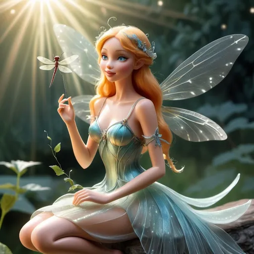 Prompt: beautiful and elegant fairy riding a dragonfly with gossamer wings that glitter in the sunlight.
