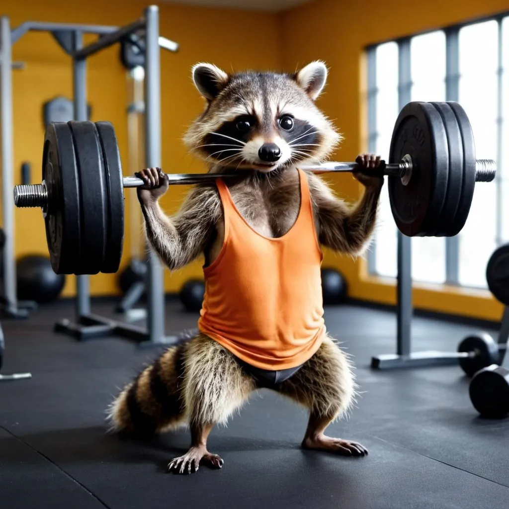 Prompt: A raccoon training with weights in the gym