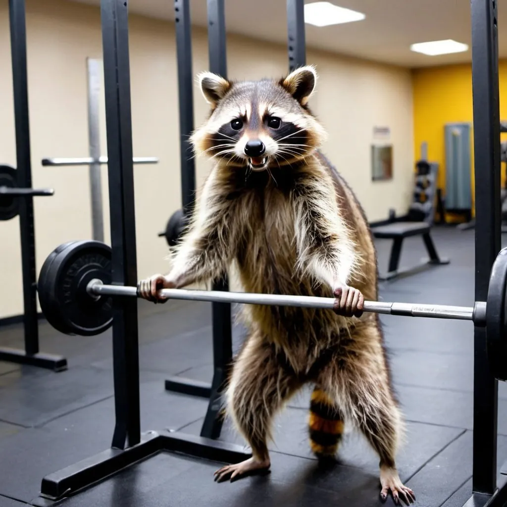 Prompt: A raccoon training in the gym