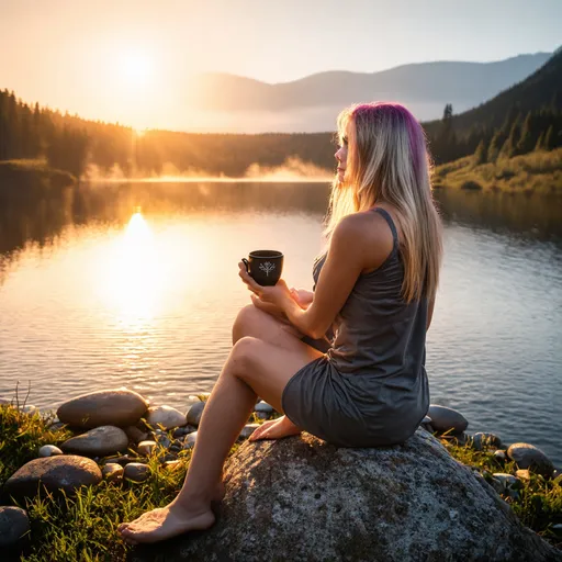 Prompt: female pagan with blonde hair/fuschia highlights . wearing cute pagan symbol nighty sitting on a rock on top of a mountain surrounded by a lake of healing stones drimking a coffee watching the sunrise

