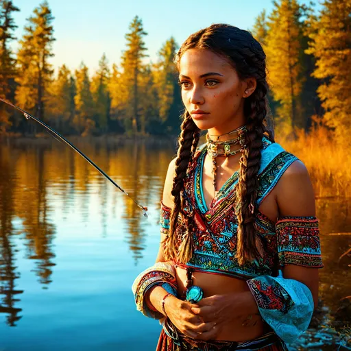 Prompt: modern  native American female with braids in hair big brown eyes  magnet fishing

