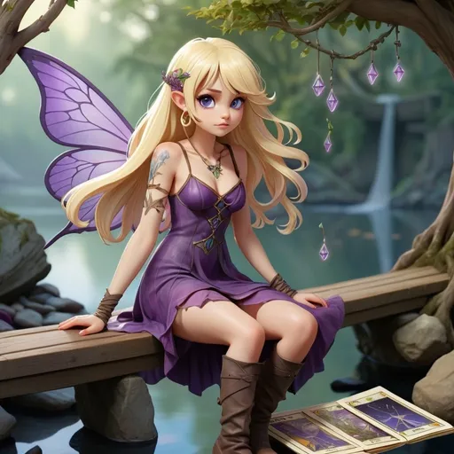 Prompt: tarot card Anime illustration, a blond with purple ends haired fairy wearing a mini dress with pagan imprints , knee high boots sitting in an hour glass hanging from the tree of life looking over the bridge that hovers over the lake of healing stones onto the path that leads her to her self journey ending in a a page in a journal