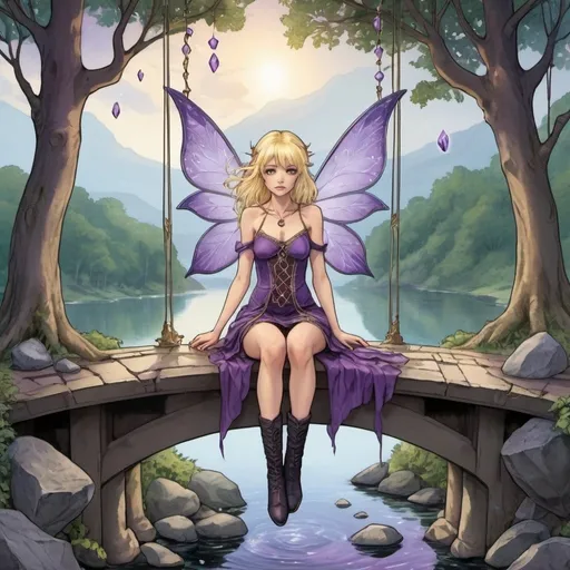 Prompt: tarot card Anime illustration, a blond with purple ends haired fairy wearing a  mini dress with  pagan imprints , knee high boots sitting in an hour glass  hanging from the tree of life looking over  the bridge that hovers over the lake of healing stones  onto the path that  leads her to her self journey ending in a a page in a journal