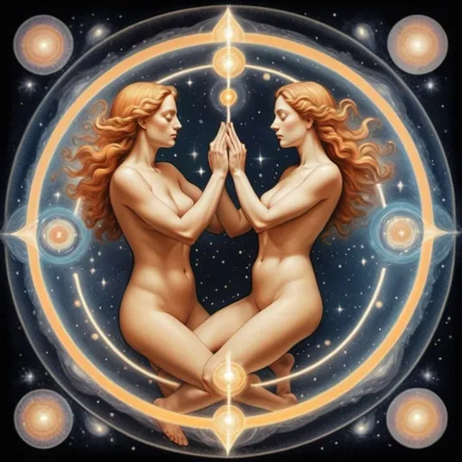 Prompt: Create image reflecting Gemini female and Virgo male portraying frequency intimacy and energy