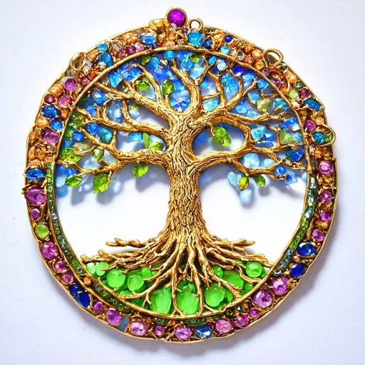 Prompt: tree of life with vibrant gemstones and Valerie's all around