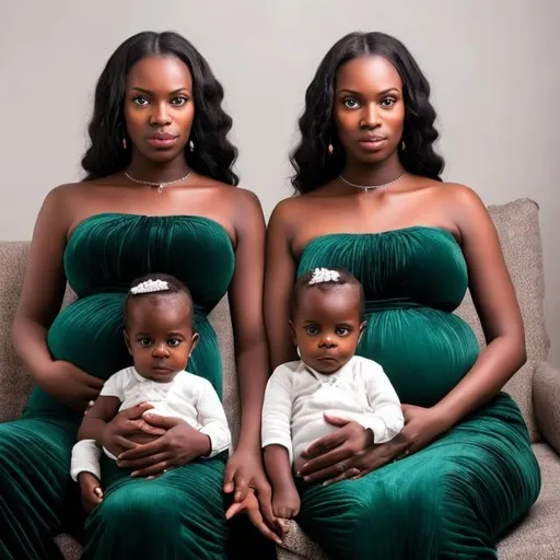 Prompt: Beautiful black twin pregnant women with sitting on an emerald green sofa and beside a set of identical twin baby boys