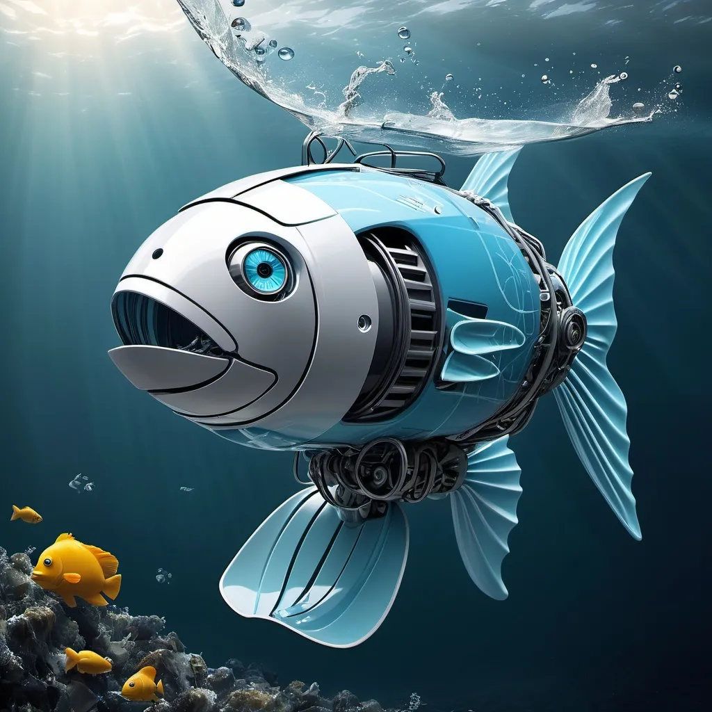 Prompt: Generate a robot that looks like fish in the ocean eating the garbage turning it into recyclable material this is an idea to clean up the ocean and not ruin its looks