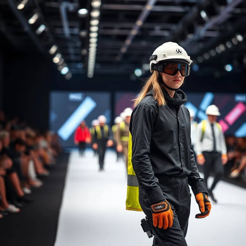 Prompt: presentation of workwear on the fashion runway. people walk down the fashion runway dressed in new workwear. They are wearing a helmet, goggles, gloves